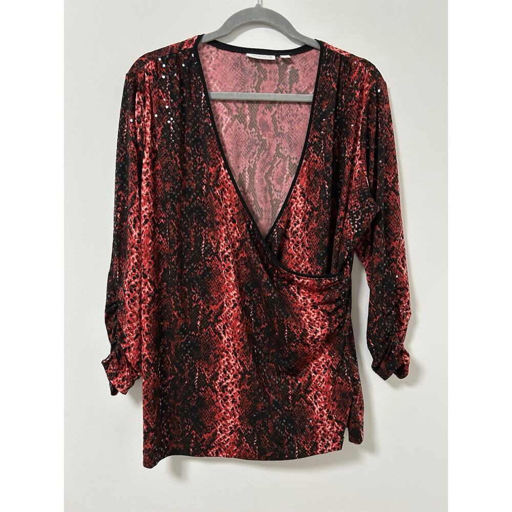 Susan Graver Red Black Snakeskin Sparkle Side Wrap Sleeve Shirt Top Blouse Large